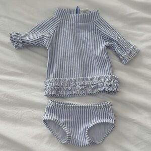 Ruffle Butts Blue and White Striped Rashguard Set
